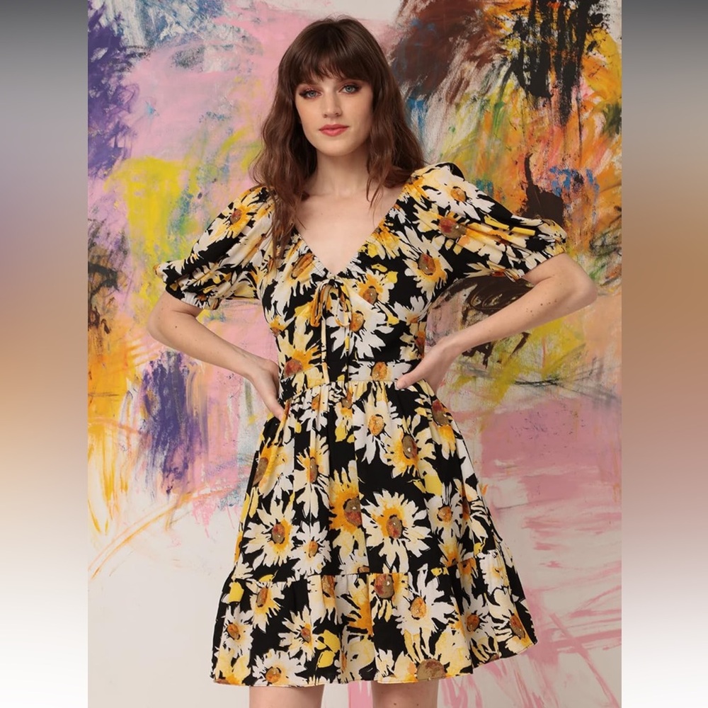 Donna Morgan Floral Dress (sunflowers), size 16, never worn